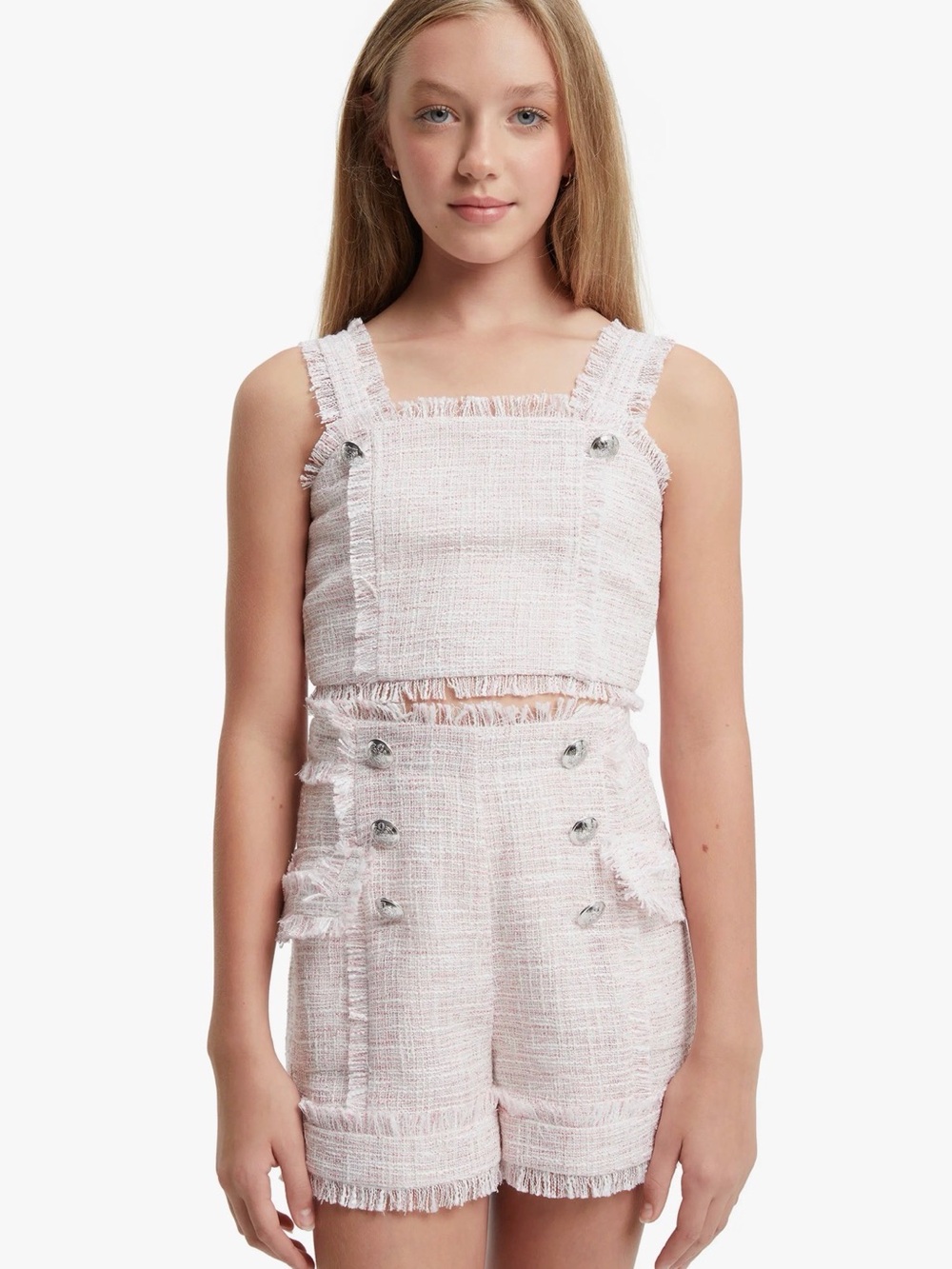 Bardot Junior Gamela Bouclé Set Pink Fringe Tweed Top High Waist Shorts Girls 7